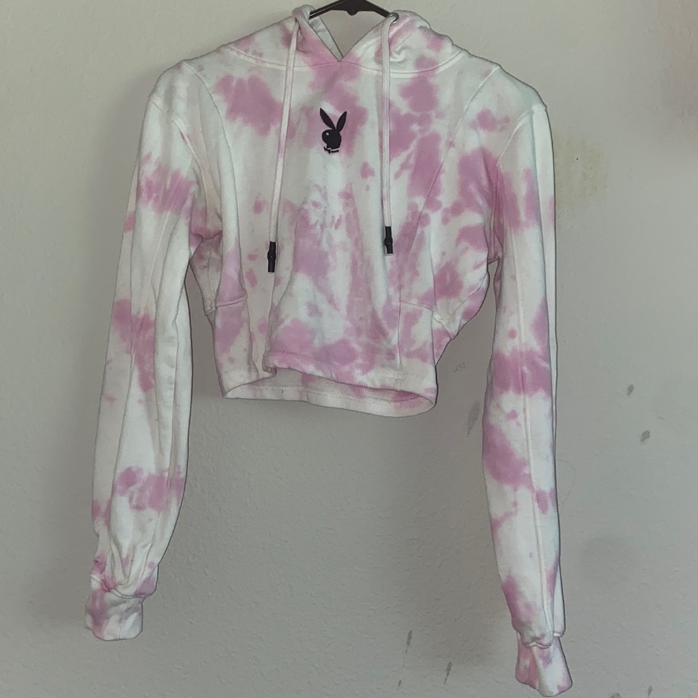 Pink & White Tye Dye Cropped Playboy x Missguided Hoodie
